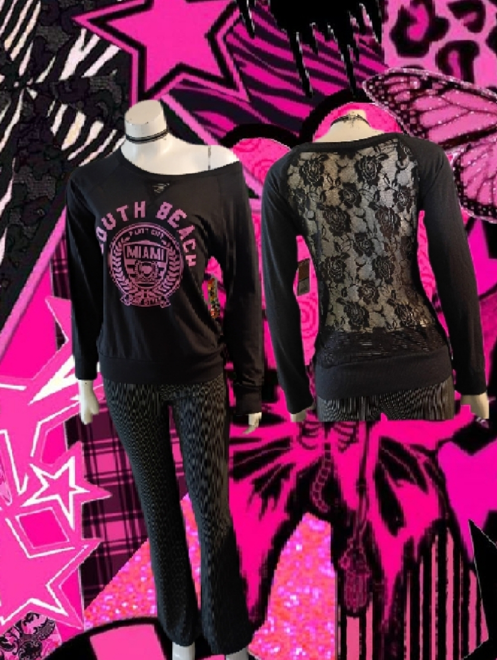NWT Y2K Surf Style Sz L black & Hot pink south beach Miami top w/ lace Back